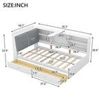 Lit plateforme King Size, tête de lit rembourrée, étagères de rangement, 2 tiroirs, lit gigogne, planche rotative, pin et MDF, gris antique / blanc, pour 2 personnes