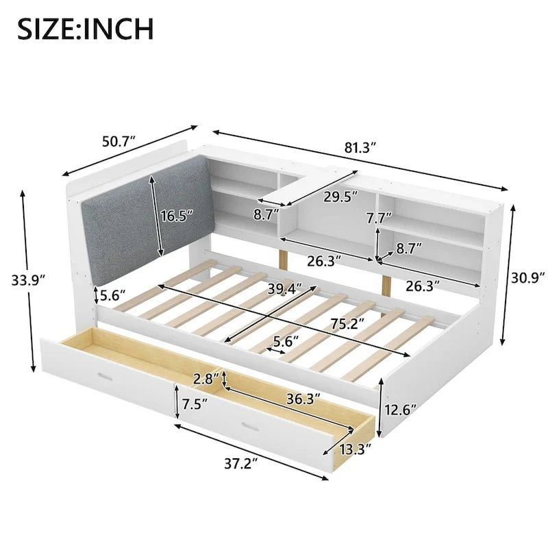 Lit plateforme King Size, tête de lit rembourrée, étagères de rangement, 2 tiroirs, lit gigogne, planche rotative, pin et MDF, gris antique / blanc, pour 2 personnes