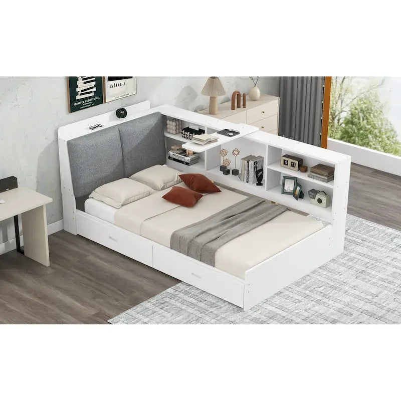 Lit plateforme King Size, tête de lit rembourrée, étagères de rangement, 2 tiroirs, lit gigogne, planche rotative, pin et MDF, gris antique / blanc, pour 2 personnes