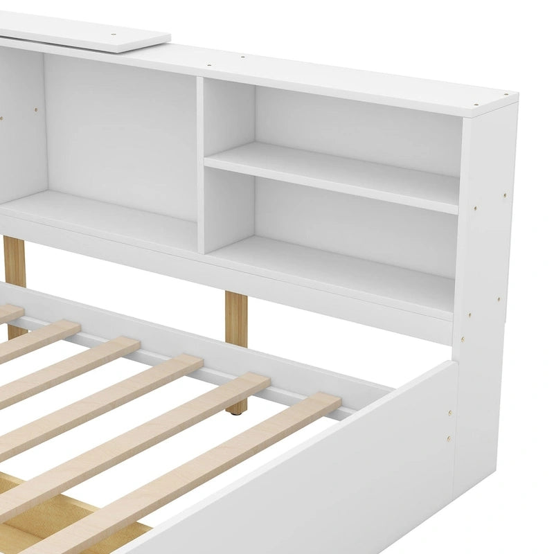 Lit plateforme King Size, tête de lit rembourrée, étagères de rangement, 2 tiroirs, lit gigogne, planche rotative, pin et MDF, gris antique / blanc, pour 2 personnes