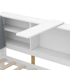 Lit plateforme King Size, tête de lit rembourrée, étagères de rangement, 2 tiroirs, lit gigogne, planche rotative, pin et MDF, gris antique / blanc, pour 2 personnes