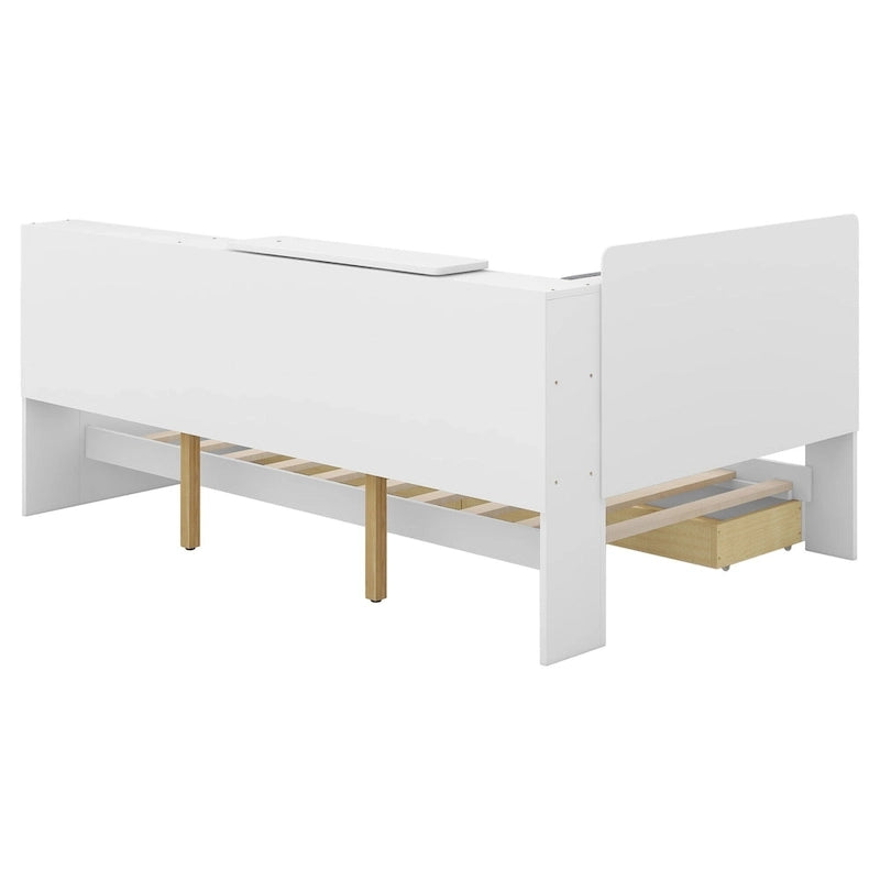 Lit plateforme King Size, tête de lit rembourrée, étagères de rangement, 2 tiroirs, lit gigogne, planche rotative, pin et MDF, gris antique / blanc, pour 2 personnes