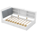 Lit plateforme King Size, tête de lit rembourrée, étagères de rangement, 2 tiroirs, lit gigogne, planche rotative, pin et MDF, gris antique / blanc, pour 2 personnes