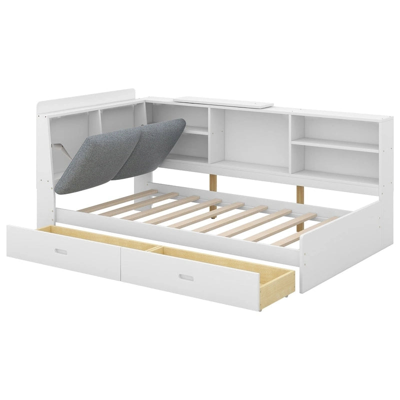 Lit plateforme King Size, tête de lit rembourrée, étagères de rangement, 2 tiroirs, lit gigogne, planche rotative, pin et MDF, gris antique / blanc, pour 2 personnes