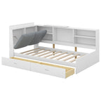 Lit plateforme King Size, tête de lit rembourrée, étagères de rangement, 2 tiroirs, lit gigogne, planche rotative, pin et MDF, gris antique / blanc, pour 2 personnes