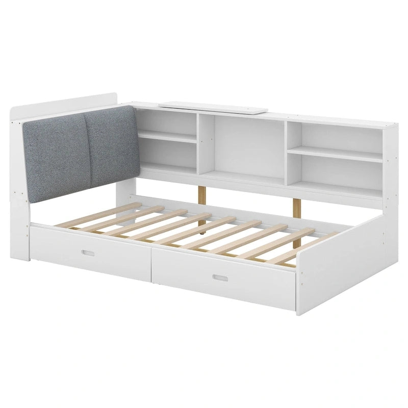 Lit plateforme King Size, tête de lit rembourrée, étagères de rangement, 2 tiroirs, lit gigogne, planche rotative, pin et MDF, gris antique / blanc, pour 2 personnes