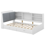 Lit plateforme King Size, tête de lit rembourrée, étagères de rangement, 2 tiroirs, lit gigogne, planche rotative, pin et MDF, gris antique / blanc, pour 2 personnes