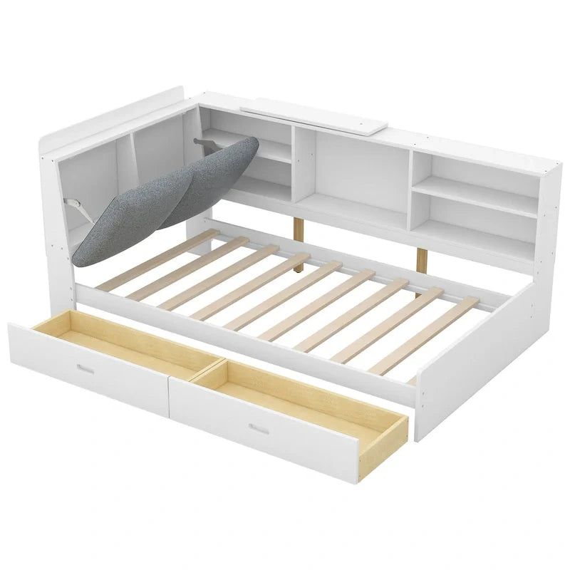 Lit plateforme King Size, tête de lit rembourrée, étagères de rangement, 2 tiroirs, lit gigogne, planche rotative, pin et MDF, gris antique / blanc, pour 2 personnes