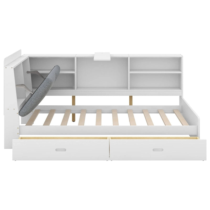 Lit plateforme King Size, tête de lit rembourrée, étagères de rangement, 2 tiroirs, lit gigogne, planche rotative, pin et MDF, gris antique / blanc, pour 2 personnes