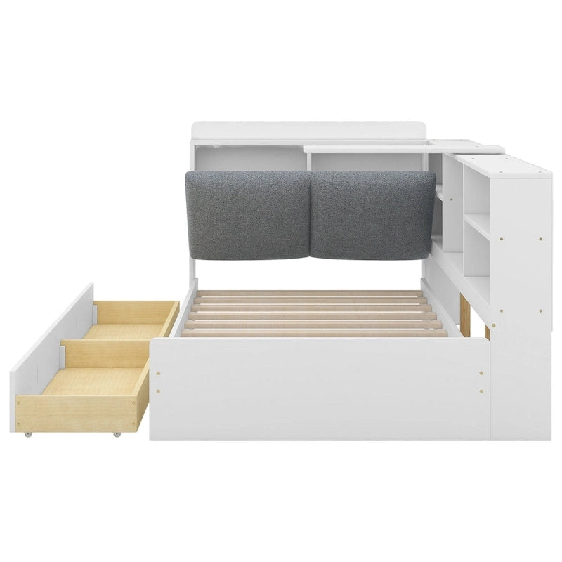 Lit plateforme King Size, tête de lit rembourrée, étagères de rangement, 2 tiroirs, lit gigogne, planche rotative, pin et MDF, gris antique / blanc, pour 2 personnes