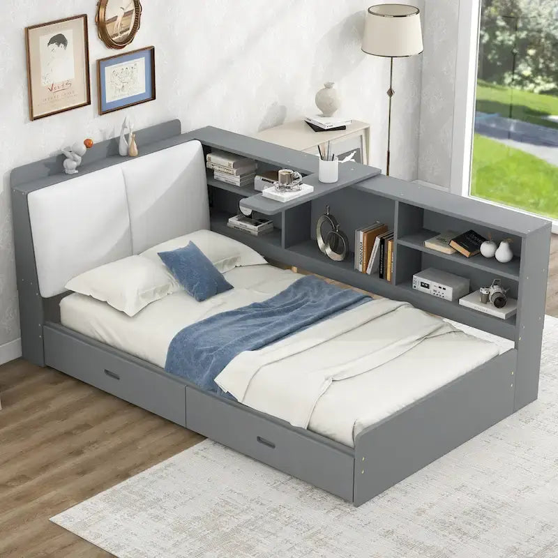 Lit plateforme King Size, tête de lit rembourrée, étagères de rangement, 2 tiroirs, lit gigogne, planche rotative, pin et MDF, gris antique / blanc, pour 2 personnes