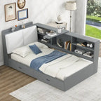Lit plateforme King Size, tête de lit rembourrée, étagères de rangement, 2 tiroirs, lit gigogne, planche rotative, pin et MDF, gris antique / blanc, pour 2 personnes