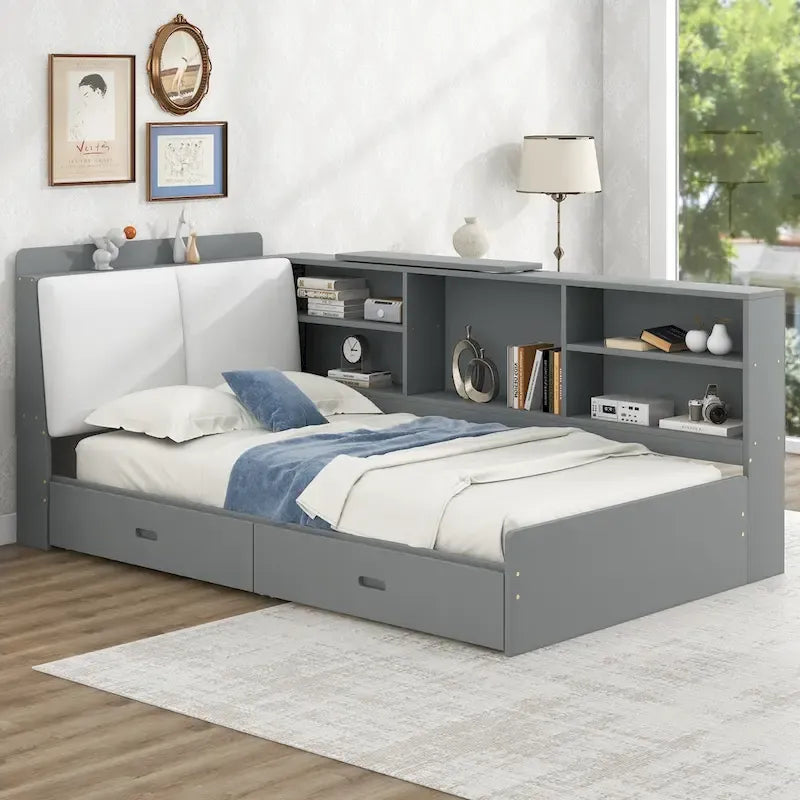 Lit plateforme King Size, tête de lit rembourrée, étagères de rangement, 2 tiroirs, lit gigogne, planche rotative, pin et MDF, gris antique / blanc, pour 2 personnes