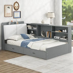 Lit plateforme King Size, tête de lit rembourrée, étagères de rangement, 2 tiroirs, lit gigogne, planche rotative, pin et MDF, gris antique / blanc, pour 2 personnes