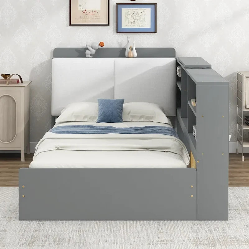 Lit plateforme King Size, tête de lit rembourrée, étagères de rangement, 2 tiroirs, lit gigogne, planche rotative, pin et MDF, gris antique / blanc, pour 2 personnes