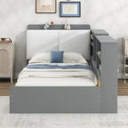 Lit plateforme King Size, tête de lit rembourrée, étagères de rangement, 2 tiroirs, lit gigogne, planche rotative, pin et MDF, gris antique / blanc, pour 2 personnes