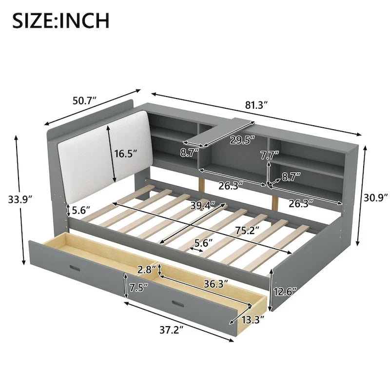 Lit plateforme King Size, tête de lit rembourrée, étagères de rangement, 2 tiroirs, lit gigogne, planche rotative, pin et MDF, gris antique / blanc, pour 2 personnes