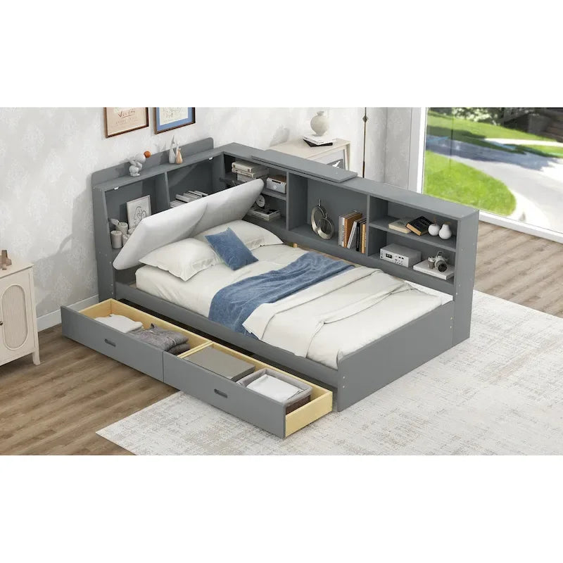 Lit plateforme King Size, tête de lit rembourrée, étagères de rangement, 2 tiroirs, lit gigogne, planche rotative, pin et MDF, gris antique / blanc, pour 2 personnes