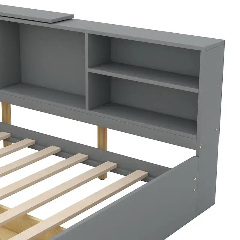 Lit plateforme King Size, tête de lit rembourrée, étagères de rangement, 2 tiroirs, lit gigogne, planche rotative, pin et MDF, gris antique / blanc, pour 2 personnes