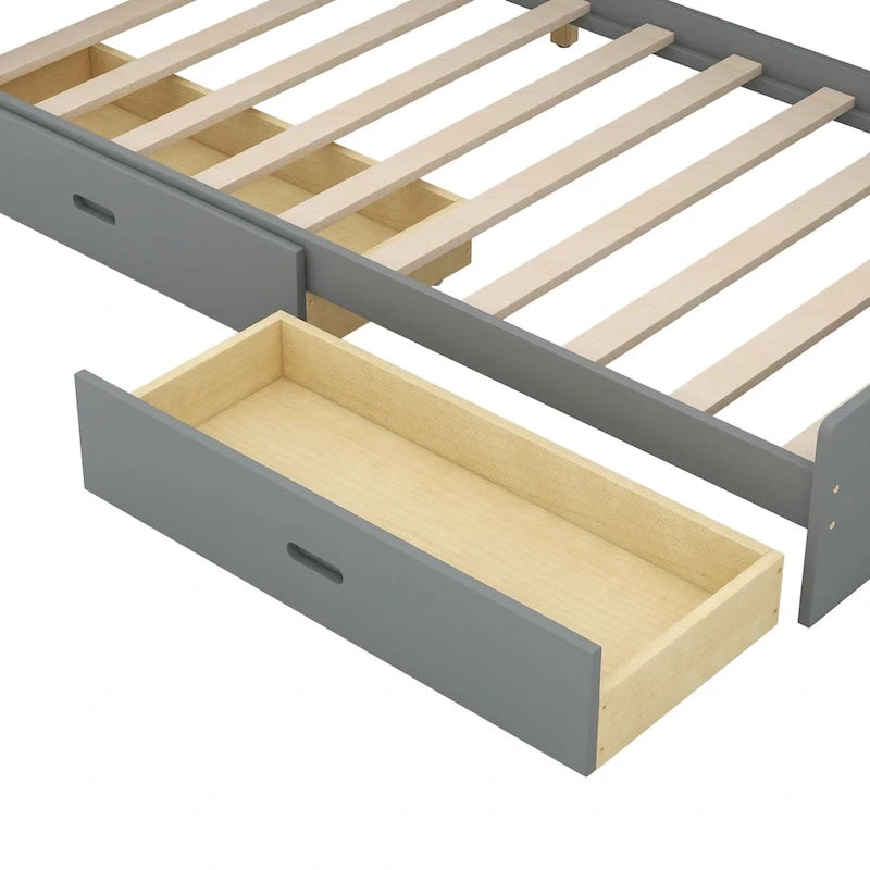 Lit plateforme King Size, tête de lit rembourrée, étagères de rangement, 2 tiroirs, lit gigogne, planche rotative, pin et MDF, gris antique / blanc, pour 2 personnes