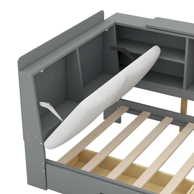 Lit plateforme King Size, tête de lit rembourrée, étagères de rangement, 2 tiroirs, lit gigogne, planche rotative, pin et MDF, gris antique / blanc, pour 2 personnes