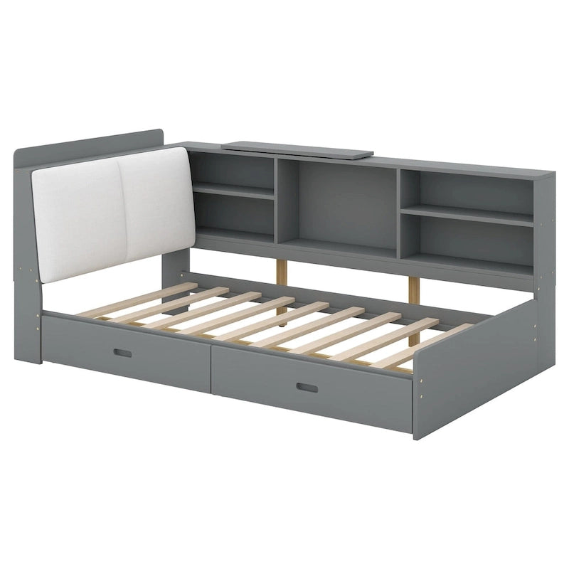 Lit plateforme King Size, tête de lit rembourrée, étagères de rangement, 2 tiroirs, lit gigogne, planche rotative, pin et MDF, gris antique / blanc, pour 2 personnes