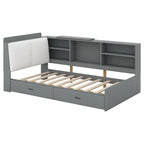 Lit plateforme King Size, tête de lit rembourrée, étagères de rangement, 2 tiroirs, lit gigogne, planche rotative, pin et MDF, gris antique / blanc, pour 2 personnes