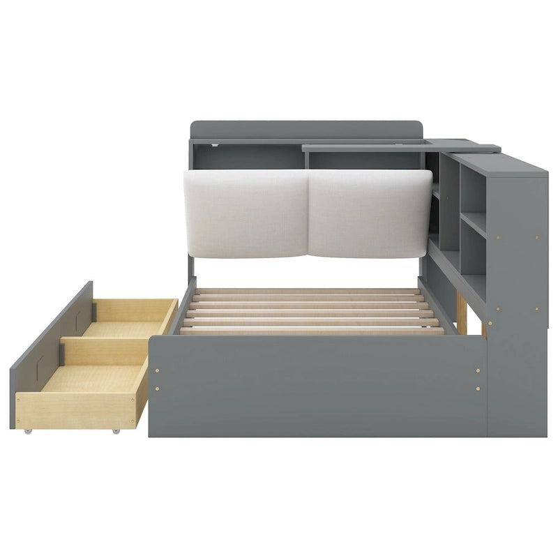 Lit plateforme King Size, tête de lit rembourrée, étagères de rangement, 2 tiroirs, lit gigogne, planche rotative, pin et MDF, gris antique / blanc, pour 2 personnes