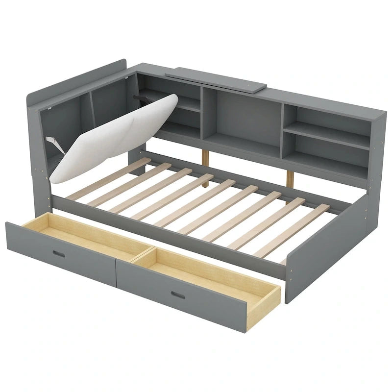 Lit plateforme King Size, tête de lit rembourrée, étagères de rangement, 2 tiroirs, lit gigogne, planche rotative, pin et MDF, gris antique / blanc, pour 2 personnes