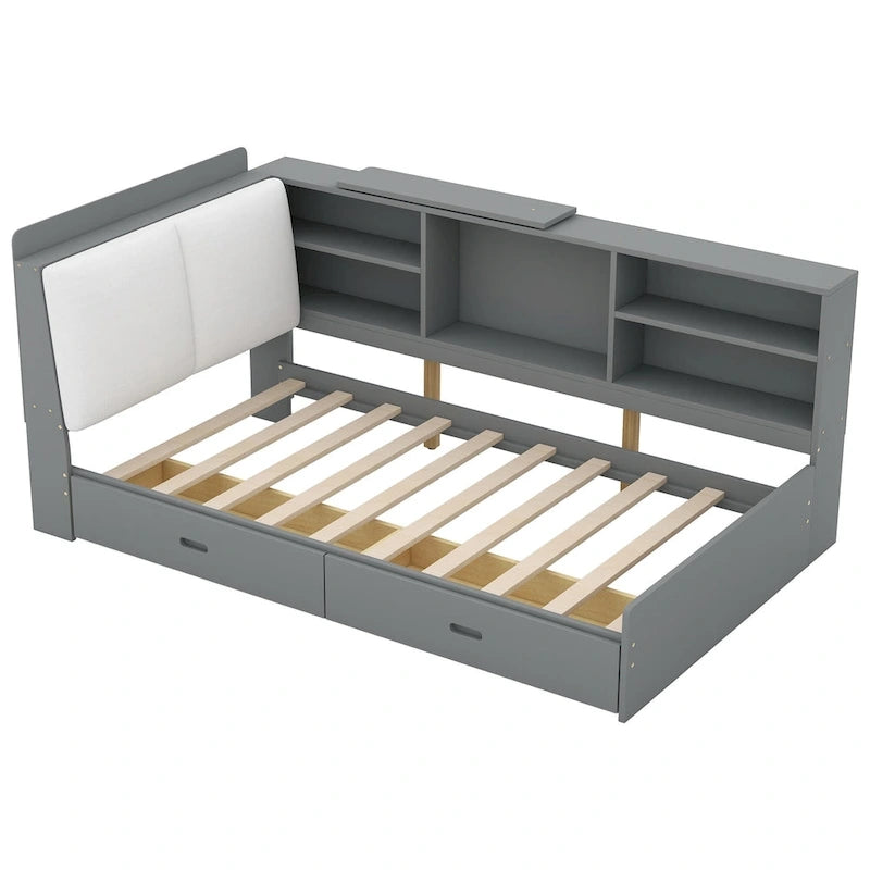 Lit plateforme King Size, tête de lit rembourrée, étagères de rangement, 2 tiroirs, lit gigogne, planche rotative, pin et MDF, gris antique / blanc, pour 2 personnes