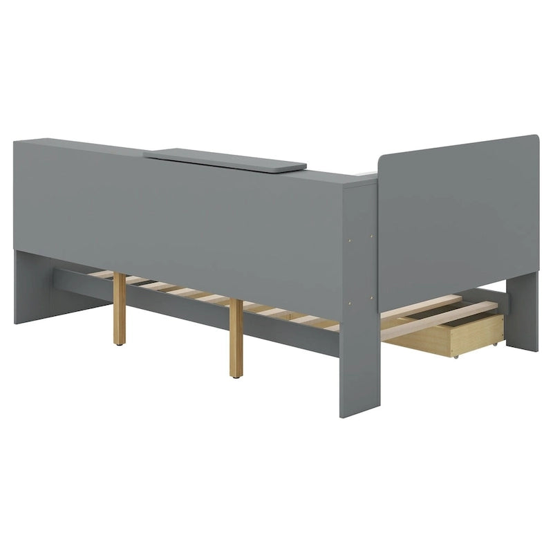 Lit plateforme King Size, tête de lit rembourrée, étagères de rangement, 2 tiroirs, lit gigogne, planche rotative, pin et MDF, gris antique / blanc, pour 2 personnes