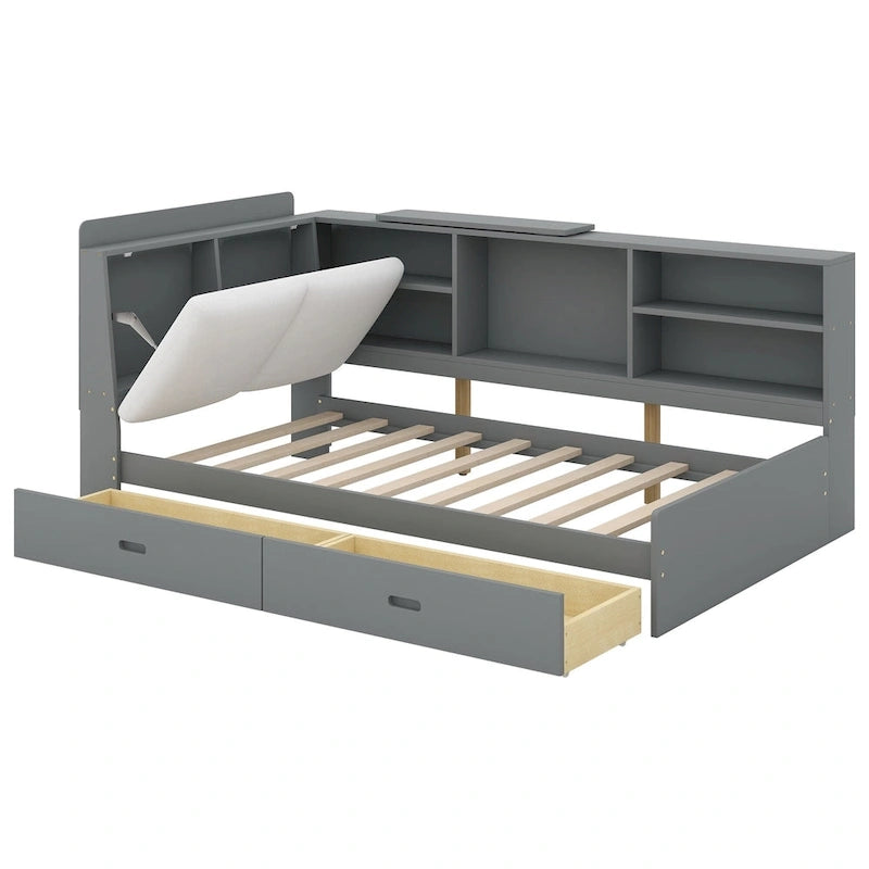 Lit plateforme King Size, tête de lit rembourrée, étagères de rangement, 2 tiroirs, lit gigogne, planche rotative, pin et MDF, gris antique / blanc, pour 2 personnes