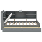 Lit plateforme King Size, tête de lit rembourrée, étagères de rangement, 2 tiroirs, lit gigogne, planche rotative, pin et MDF, gris antique / blanc, pour 2 personnes