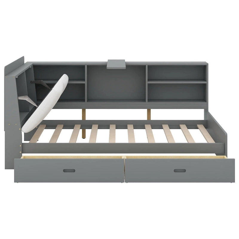 Lit plateforme King Size, tête de lit rembourrée, étagères de rangement, 2 tiroirs, lit gigogne, planche rotative, pin et MDF, gris antique / blanc, pour 2 personnes