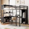 Lit mezzanine en métal pleine grandeur, bureau en L, armoire, 4 étagères de rangement, garde-corps, métal et MDF, noir/blanc cassé, pour 1 personne