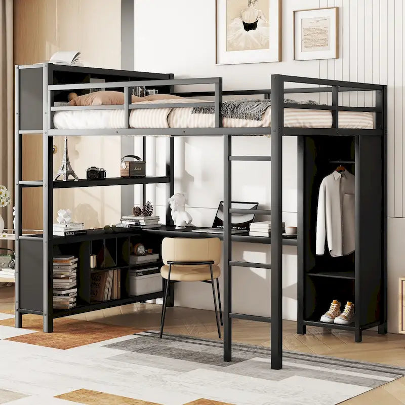 Lit mezzanine en métal pleine grandeur, bureau en L, armoire, 4 étagères de rangement, garde-corps, métal et MDF, noir/blanc cassé, pour 1 personne