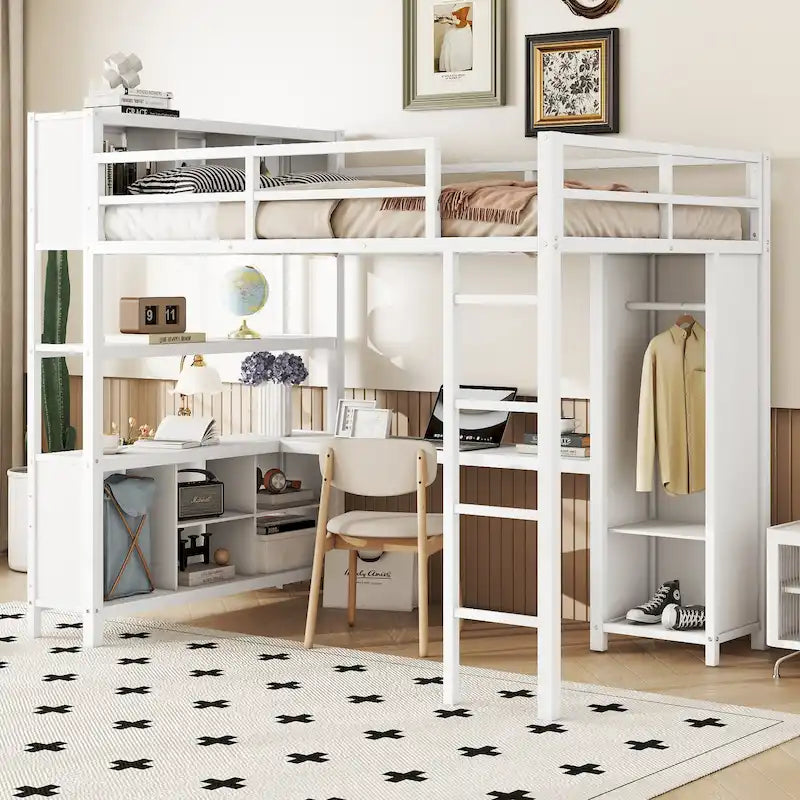 Lit mezzanine en métal pleine grandeur, bureau en L, armoire, 4 étagères de rangement, garde-corps, métal et MDF, noir/blanc cassé, pour 1 personne