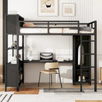 Lit mezzanine en métal pleine grandeur, bureau en L, armoire, 4 étagères de rangement, garde-corps, métal et MDF, noir/blanc cassé, pour 1 personne