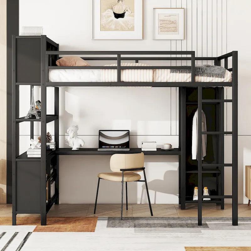 Lit mezzanine en métal pleine grandeur, bureau en L, armoire, 4 étagères de rangement, garde-corps, métal et MDF, noir/blanc cassé, pour 1 personne