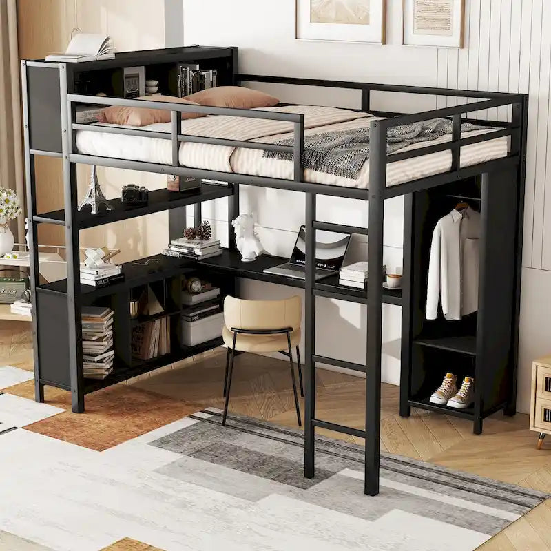 Lit mezzanine en métal pleine grandeur, bureau en L, armoire, 4 étagères de rangement, garde-corps, métal et MDF, noir/blanc cassé, pour 1 personne