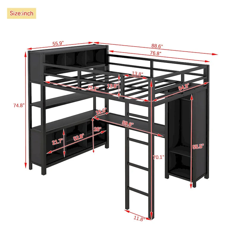 Lit mezzanine en métal pleine grandeur, bureau en L, armoire, 4 étagères de rangement, garde-corps, métal et MDF, noir/blanc cassé, pour 1 personne