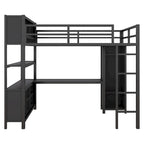 Lit mezzanine en métal pleine grandeur, bureau en L, armoire, 4 étagères de rangement, garde-corps, métal et MDF, noir/blanc cassé, pour 1 personne