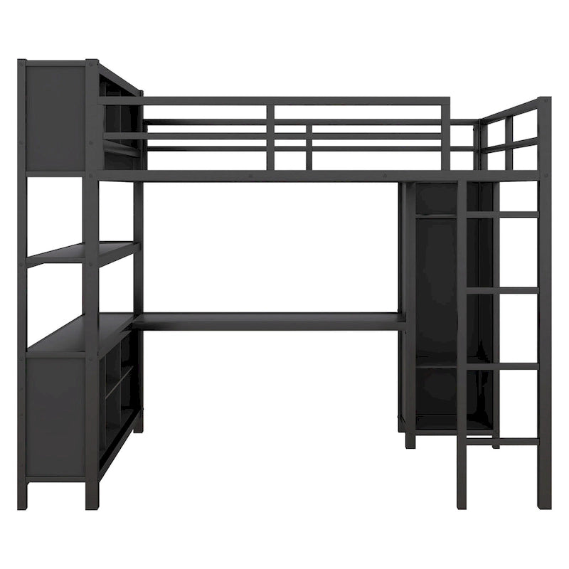 Lit mezzanine en métal pleine grandeur, bureau en L, armoire, 4 étagères de rangement, garde-corps, métal et MDF, noir/blanc cassé, pour 1 personne