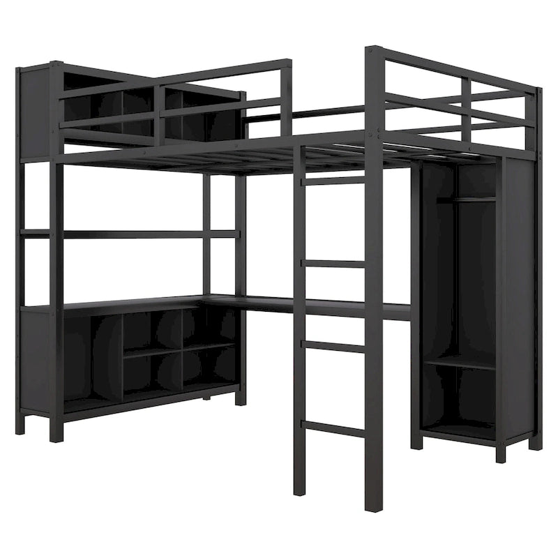 Lit mezzanine en métal pleine grandeur, bureau en L, armoire, 4 étagères de rangement, garde-corps, métal et MDF, noir/blanc cassé, pour 1 personne