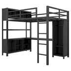 Lit mezzanine en métal pleine grandeur, bureau en L, armoire, 4 étagères de rangement, garde-corps, métal et MDF, noir/blanc cassé, pour 1 personne