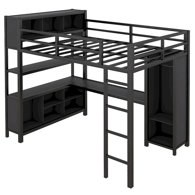 Lit mezzanine en métal pleine grandeur, bureau en L, armoire, 4 étagères de rangement, garde-corps, métal et MDF, noir/blanc cassé, pour 1 personne