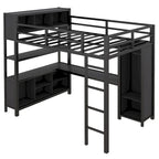 Lit mezzanine en métal pleine grandeur, bureau en L, armoire, 4 étagères de rangement, garde-corps, métal et MDF, noir/blanc cassé, pour 1 personne