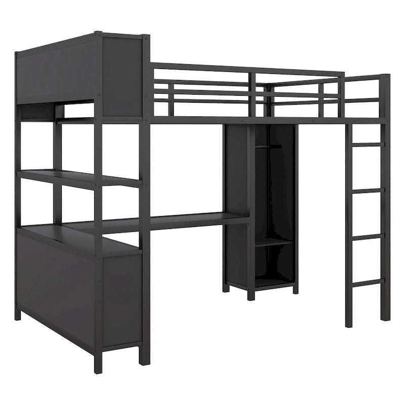 Lit mezzanine en métal pleine grandeur, bureau en L, armoire, 4 étagères de rangement, garde-corps, métal et MDF, noir/blanc cassé, pour 1 personne