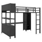 Lit mezzanine en métal pleine grandeur, bureau en L, armoire, 4 étagères de rangement, garde-corps, métal et MDF, noir/blanc cassé, pour 1 personne
