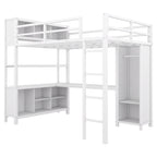 Lit mezzanine en métal pleine grandeur, bureau en L, armoire, 4 étagères de rangement, garde-corps, métal et MDF, noir/blanc cassé, pour 1 personne